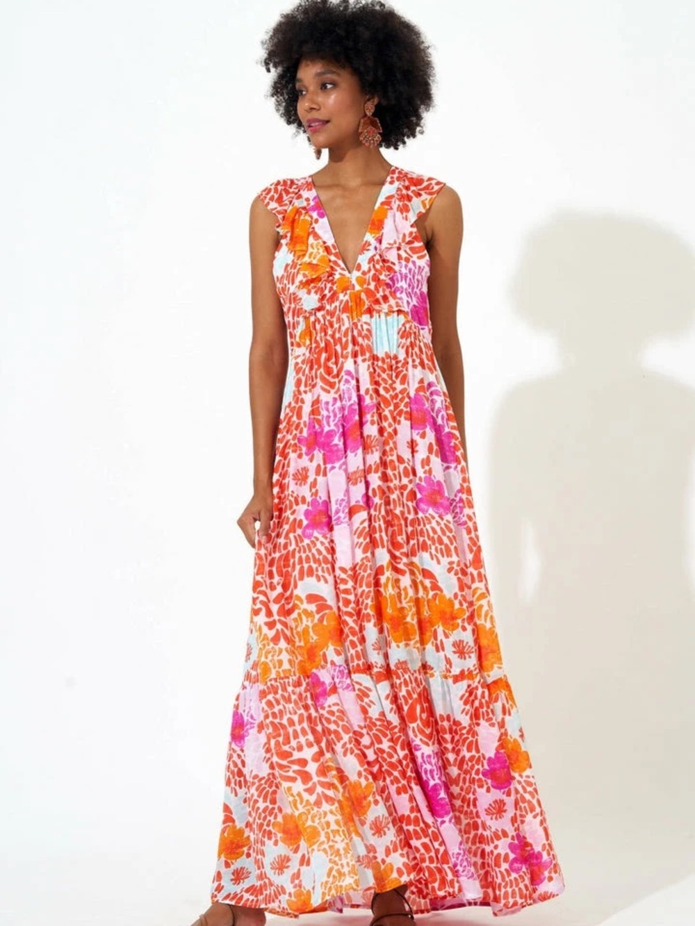 NWT-OLIPHANT Ruffle V-Neck Maxi- Antigua Orange Small